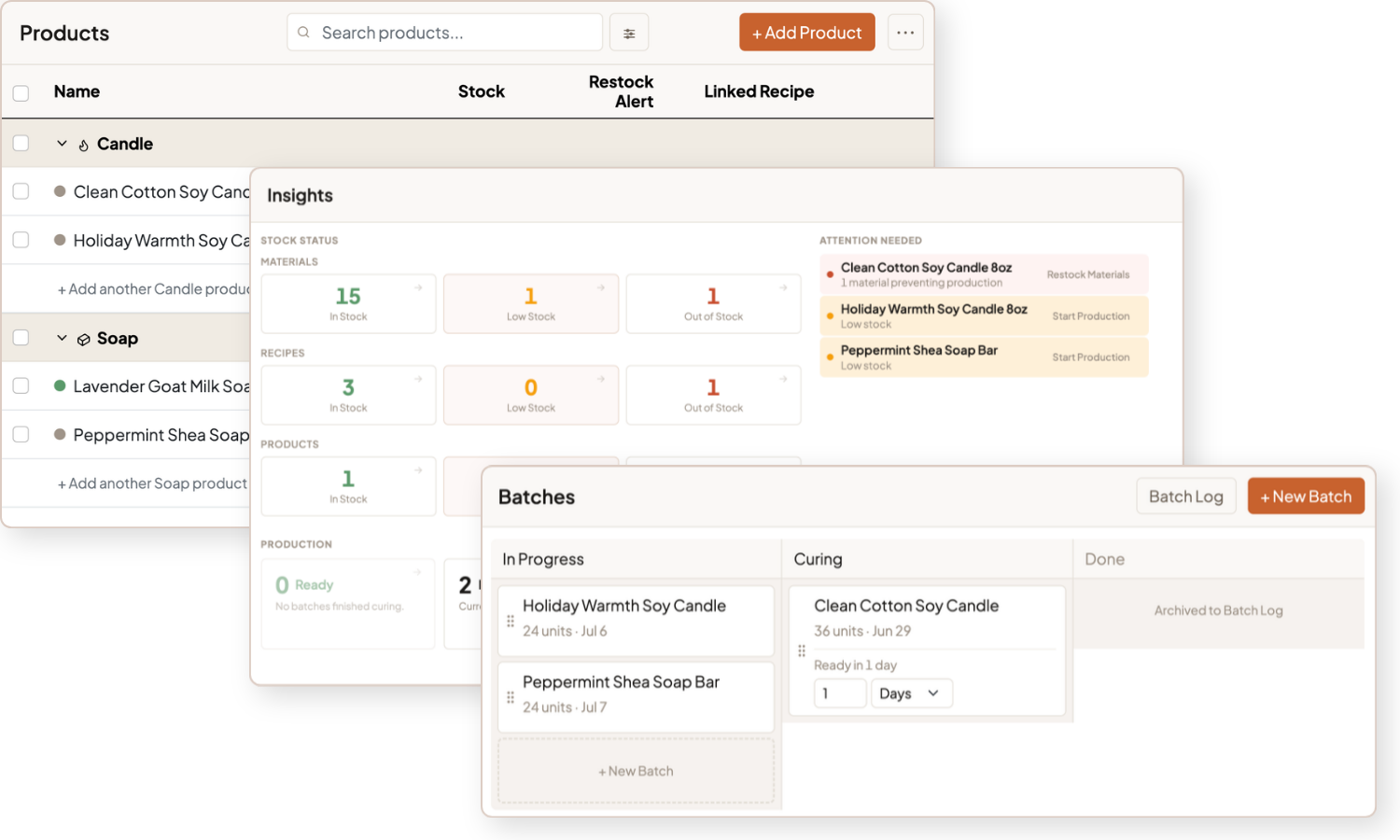 MakerApp dashboard showing inventory and production tracking